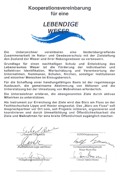 Kooperationsverbarung für eine LEBENDIGE WESER unterzeichnet Kooperationsverbarung für eine LEBENDIGE WESER unterzeichnet